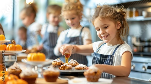 Kids baking cupcakes in a kitchen, wearing aprons and smiling as they enjoy decorating their tasty treats together.