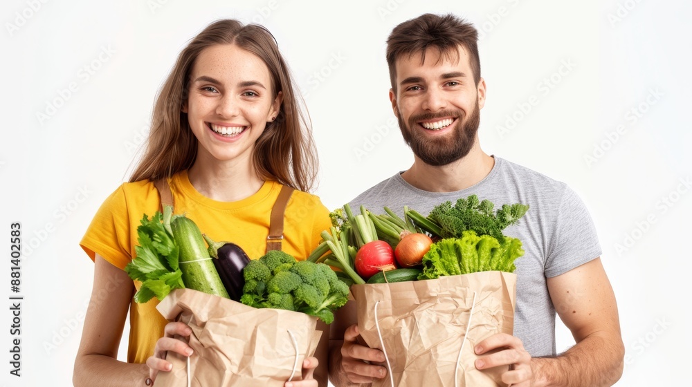 Sporty couple with white teeth carrying grocery bags, against a minimal white background Sporty couple with white teeth carrying grocery bags, against a minimal white background