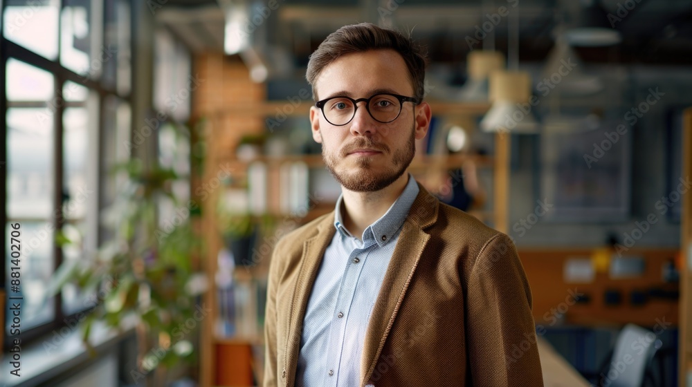 Man wearing glasses standing in an office environment Man wearing glasses standing in an office environment