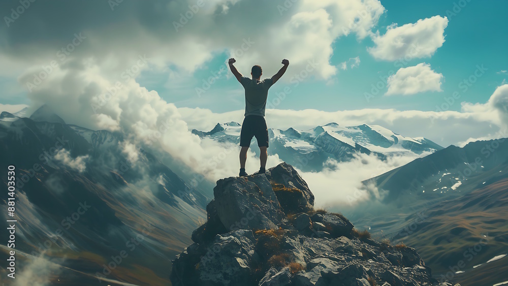 Top of the mountain. Gesture of happy man raising hands. Cute climber with hands raised in the air on the edge of a rock in a national park. The effect is clear and strong. Top of the mountain. Gesture of happy man raising hands. Cute climber with hands raised in the air on the edge of a rock in a national park. The effect is clear and strong.