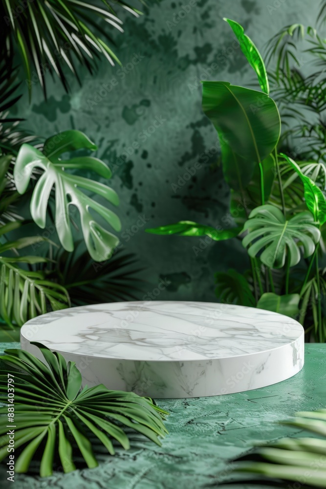 A marble table surrounded by tropical plants A marble table surrounded by tropical plants