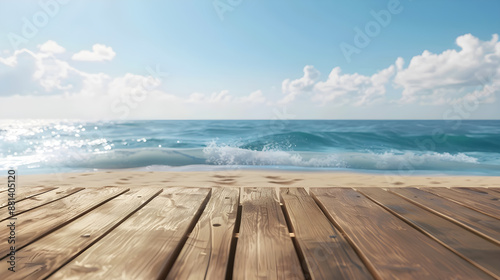 Empty tables on the sand with a view of the sea in the background. © narumon