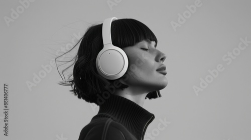 Stylish woman enjoying peaceful travel with white noise canceling headphones in black and white photograph photo