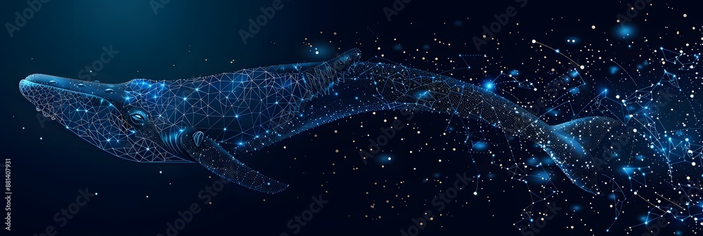Big crypto whale with Bitcoin emblem swims in digital blue ocean, concept of big market players that own large amounts of cryptocurrency and can influence the price Big crypto whale with Bitcoin emblem swims in digital blue ocean, concept of big market players that own large amounts of cryptocurrency and can influence the price