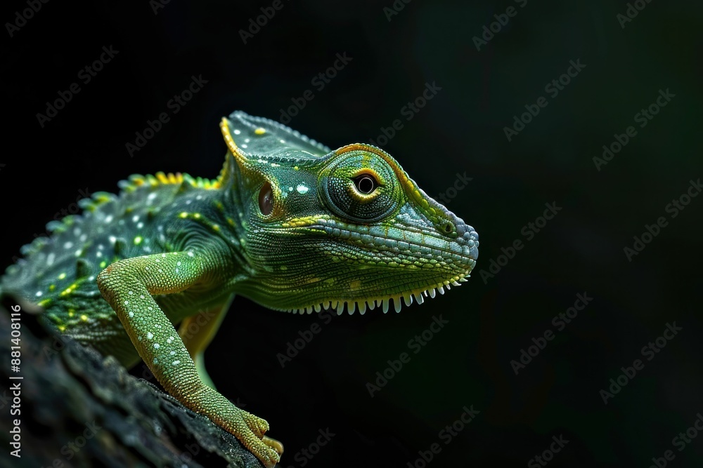 Chameleon on a tree branch in the wild nature with dark background nature wildlife close up image of reptile on branch Chameleon on a tree branch in the wild nature with dark background nature wildlife close up image of reptile on branch