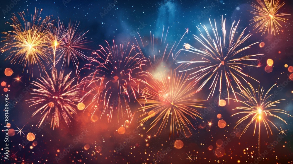 A vibrant fireworks display illuminates a summer festival evening, with colorful bursts of light over a serene cityscape and tranquil waters, surrounded by mountains and trees. A vibrant fireworks display illuminates a summer festival evening, with colorful bursts of light over a serene cityscape and tranquil waters, surrounded by mountains and trees.