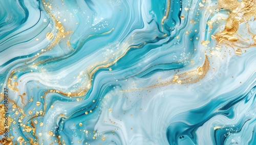 Fototapeta Naklejka Na Ścianę i Meble -  Abstract blue and gold marble background, luxury liquid art wallpaper with golden glitter, ocean waves, fluid painting, and golden splashes for design template