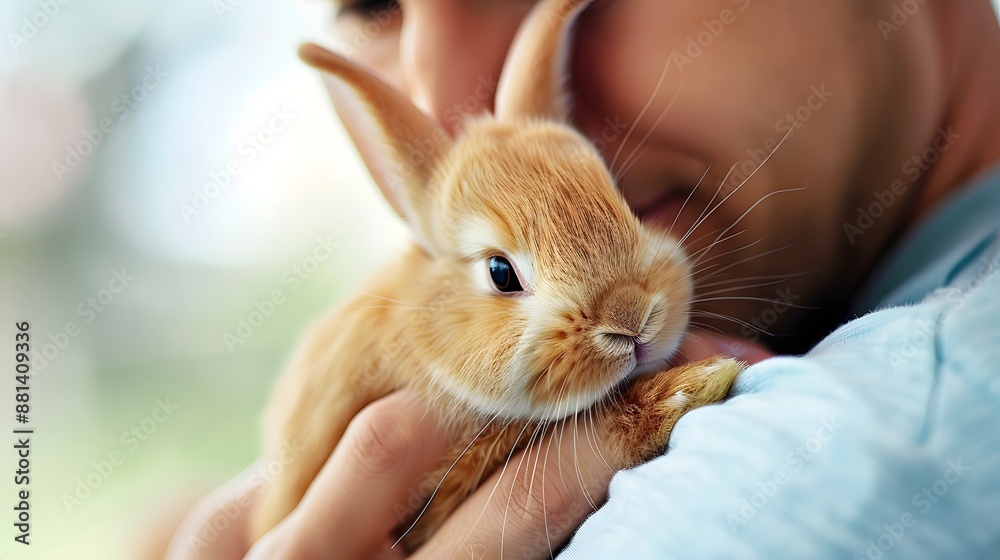 Loving Rabbit Cuddles - Owner Holding Bunny Affectionately, Pet Bonding and Care Concept Loving Rabbit Cuddles - Owner Holding Bunny Affectionately, Pet Bonding and Care Concept
