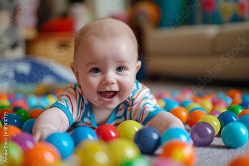 Baby smiling joyfully, surrounded by colorful balls