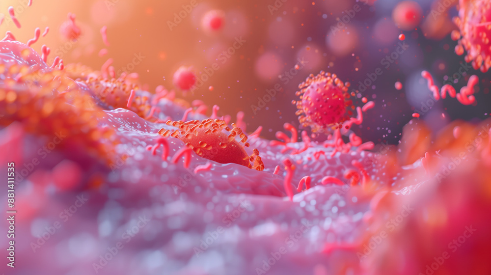 Detailed Hyper-Realistic Close-Up of Acne Breakout under Microscope, P. acnes Bacteria Multiplying with Inflamed Skin Cells and Vitamin C Molecule Combat Detailed Hyper-Realistic Close-Up of Acne Breakout under Microscope, P. acnes Bacteria Multiplying with Inflamed Skin Cells and Vitamin C Molecule Combat