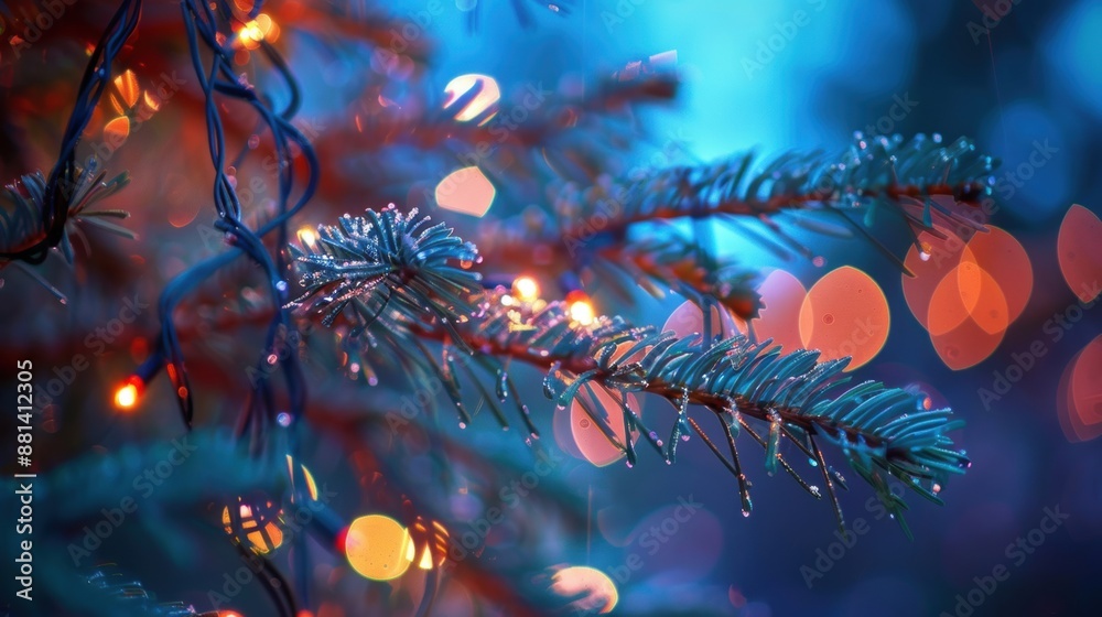 Close-up of a Christmas tree branch with festive lights and droplets, creating a magical holiday atmosphere.