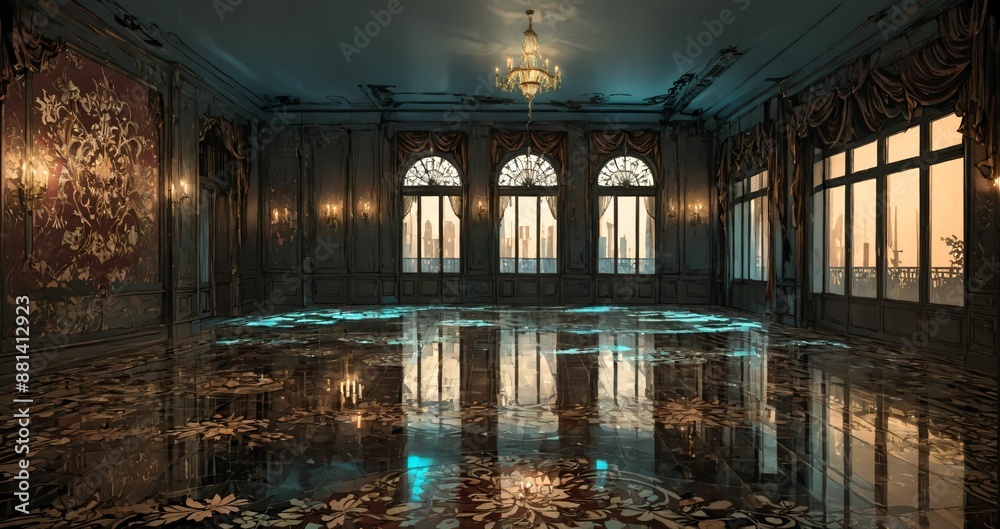 Fototapeta premium beautiful interior of mansion palace house entrance doorway with floral embellishments to balcony terrace and ballroom with tall art deco windows and art nuevo gothic design.