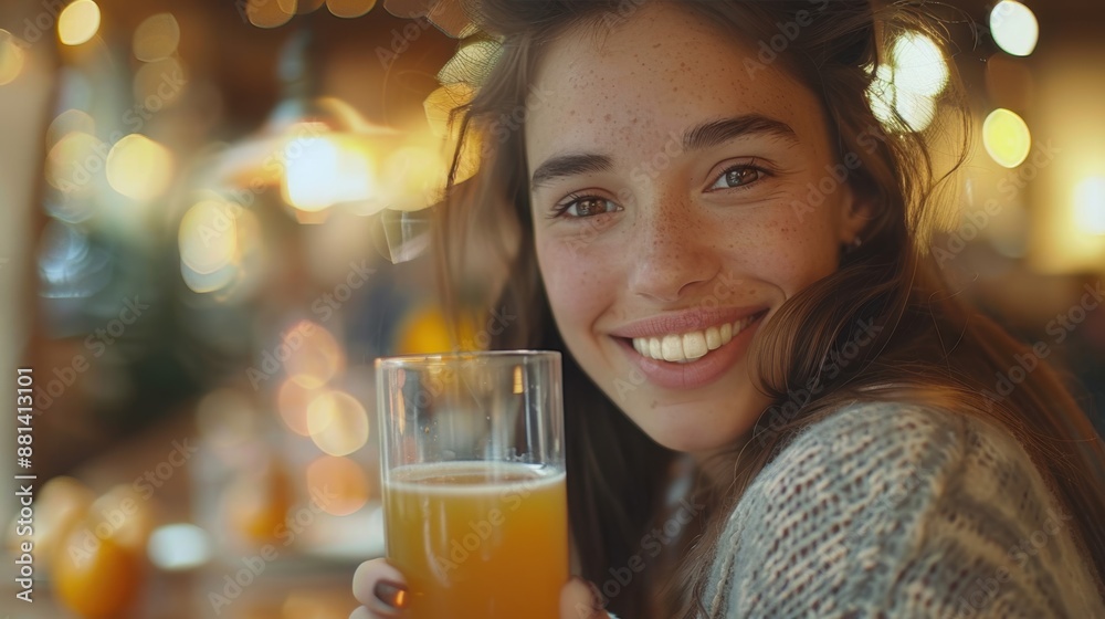 Happy young woman with freckles holding a glass of fresh juice, smiling in a warmly lit setting. Happy young woman with freckles holding a glass of fresh juice, smiling in a warmly lit setting.