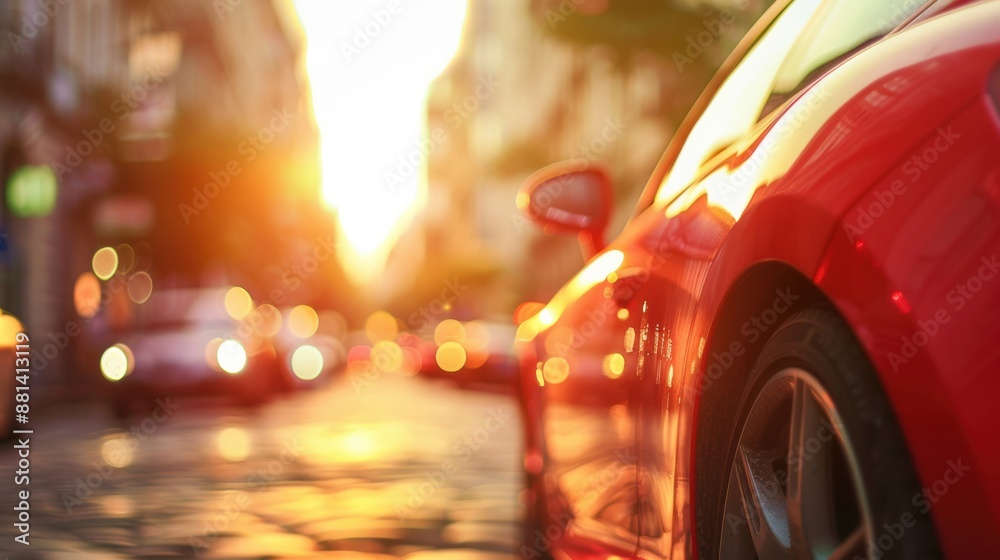 Sleek red sports car parked on a city street, reflecting the golden hues of a vibrant sunset. Sleek red sports car parked on a city street, reflecting the golden hues of a vibrant sunset.