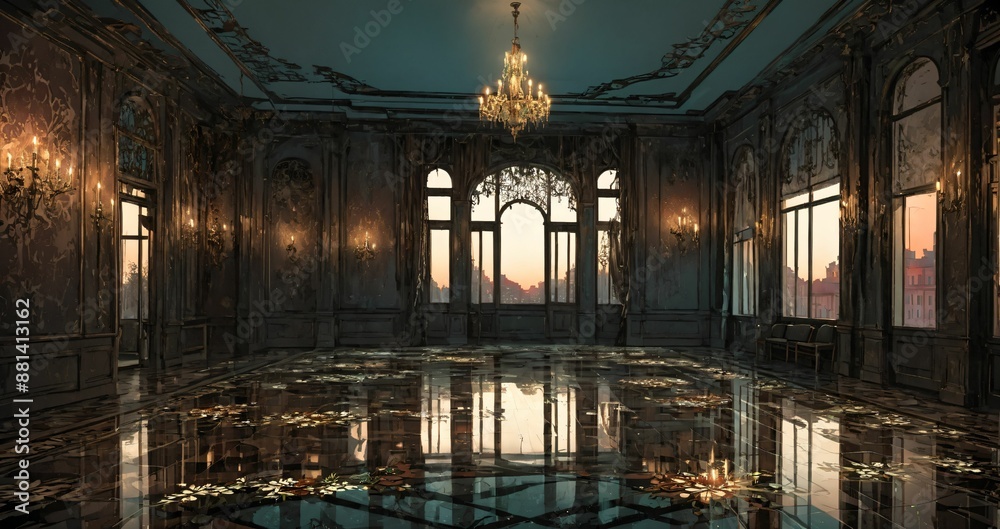 beautiful interior of mansion palace house entrance doorway with floral embellishments to balcony terrace and ballroom with tall art deco windows and art nuevo gothic design. beautiful interior of mansion palace house entrance doorway with floral embellishments to balcony terrace and ballroom with tall art deco windows and art nuevo gothic design.