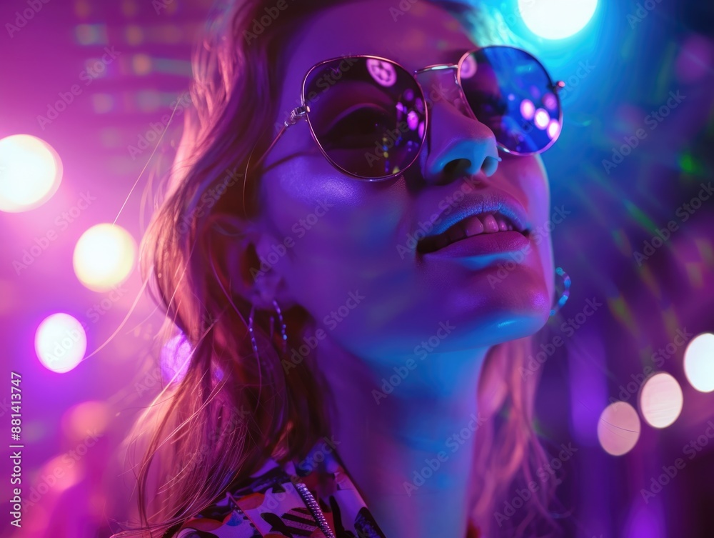 A woman wears sunglasses and stands in front of colorful lights, perfect for use in nightlife or music-related contexts A woman wears sunglasses and stands in front of colorful lights, perfect for use in nightlife or music-related contexts