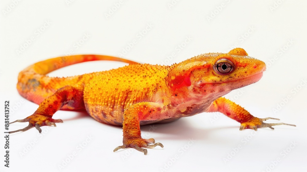 Fototapeta premium Two small lizards sit together on a white background, showcasing their colorful scales