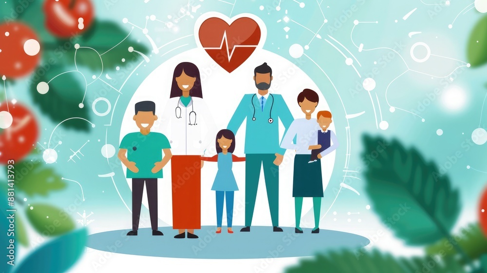 Illustration of a diverse family with healthcare professionals symbolizing health, wellness, and family care. Illustration of a diverse family with healthcare professionals symbolizing health, wellness, and family care.