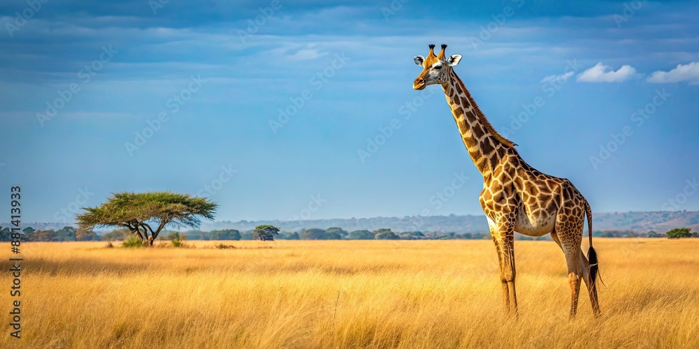 Obraz premium Tall and graceful giraffe standing in the savannah , wildlife, Africa, safari, mammal, long neck, spots, tall