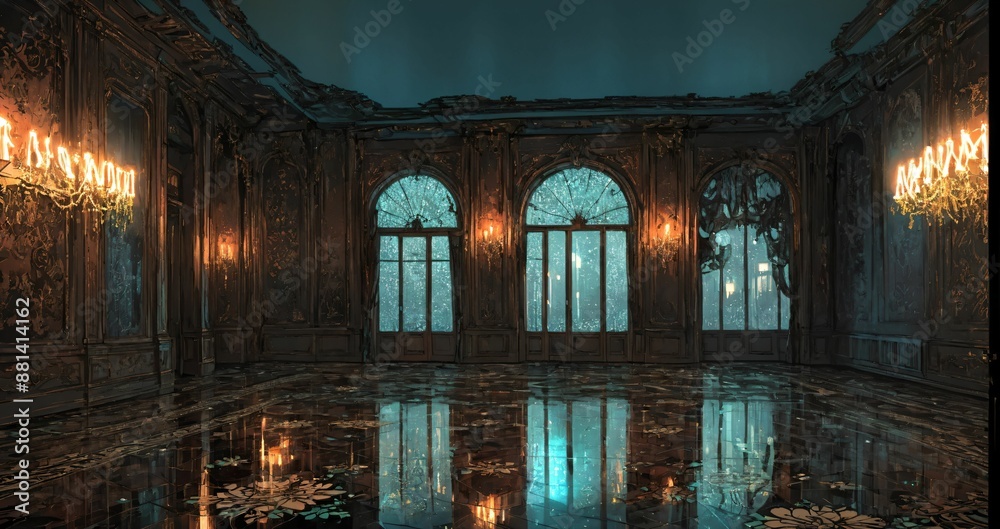 beautiful interior of palace house mansion entrance doorway with floral embellishments to balcony terrace and ballroom with tall art deco windows and art nuevo gothic design. beautiful interior of palace house mansion entrance doorway with floral embellishments to balcony terrace and ballroom with tall art deco windows and art nuevo gothic design.