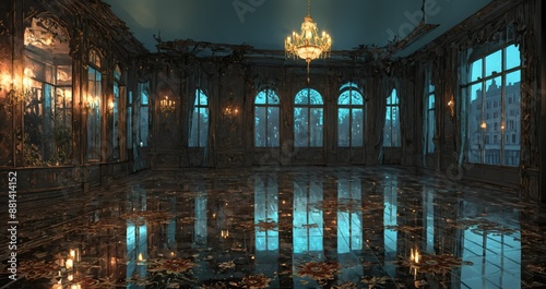 beautiful interior of palace house mansion entrance doorway with floral embellishments to balcony terrace and ballroom with tall art deco windows and art nuevo gothic design.