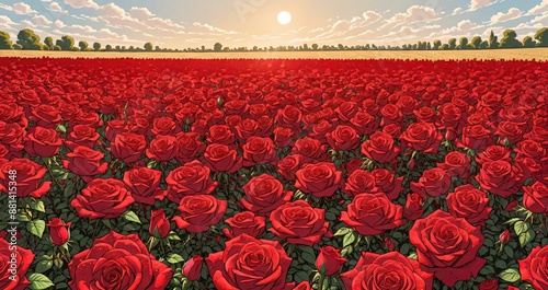 endless field of roses red on sunny day in the countryside rural nature fields and meadows. valley of flowers and plants.