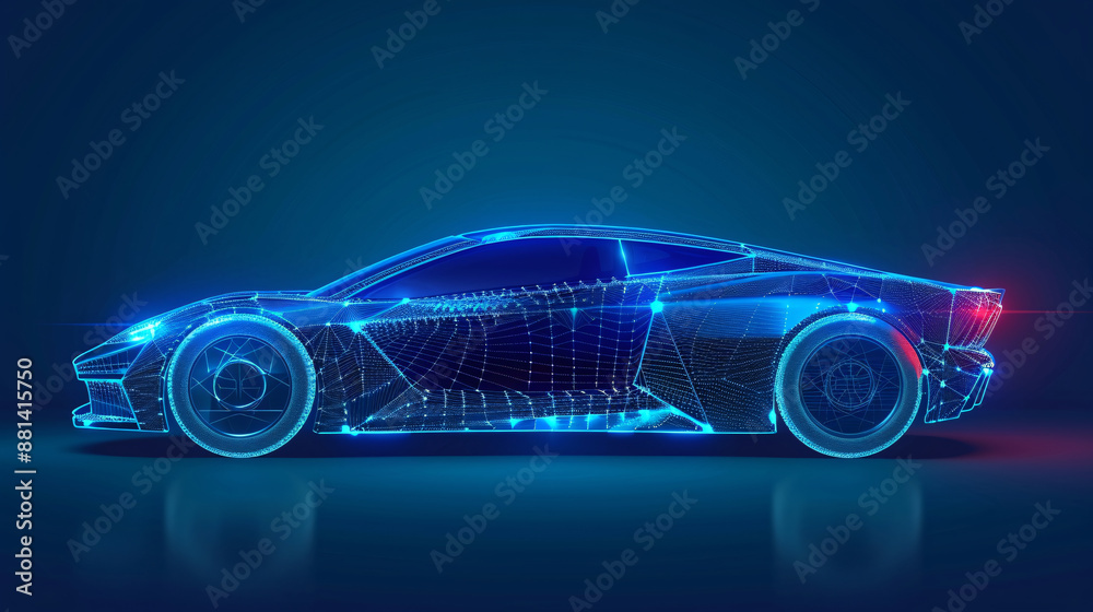 Naklejka premium Futuristic 3d rendered x-ray blue transparent sports car wireframe 