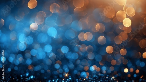 A blue and gold bokeh blur background with lights. 