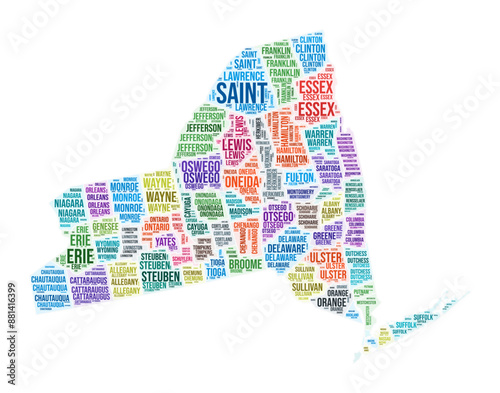 New York county word cloud. State shape design. New York colored illustration. County names collage cloud. Vector illustration.
