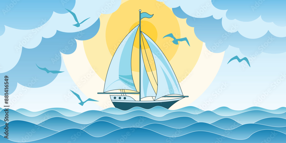 Fototapeta premium Seascape with sailing yacht, sun in the clouds, summer vacation, vector cartoon, panoramic view
