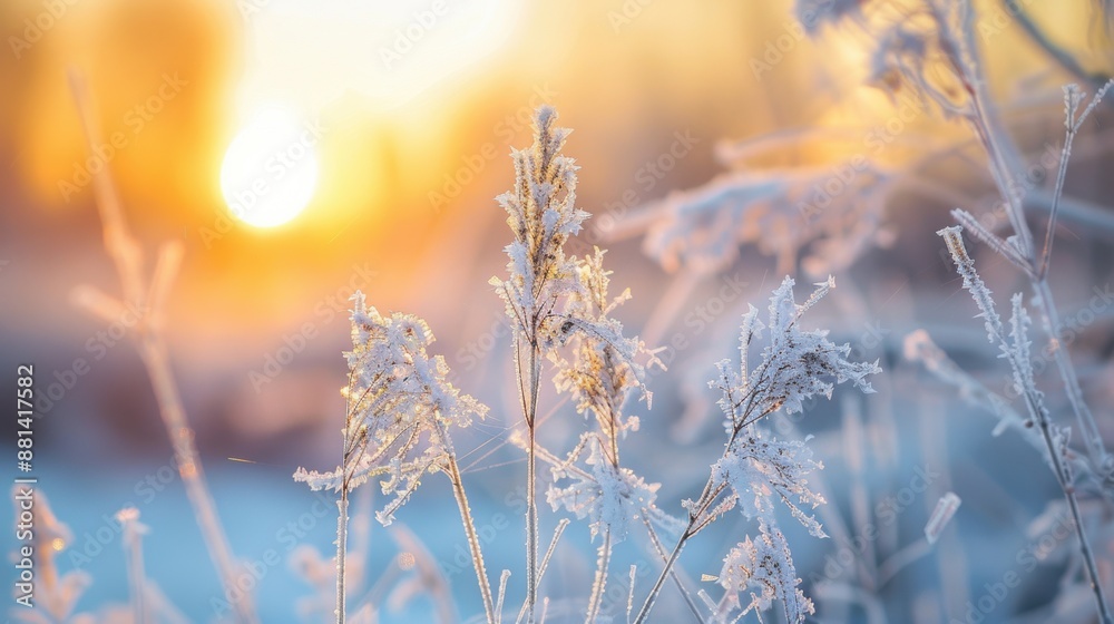 Close-up of frosty plants at sunrise, capturing the delicate ice crystals and warm morning light in a serene winter scene. Close-up of frosty plants at sunrise, capturing the delicate ice crystals and warm morning light in a serene winter scene.