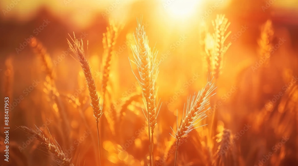 Close-up of golden wheat stalks in a field bathed in warm sunset light, creating a serene and glowing rural scene. Close-up of golden wheat stalks in a field bathed in warm sunset light, creating a serene and glowing rural scene.