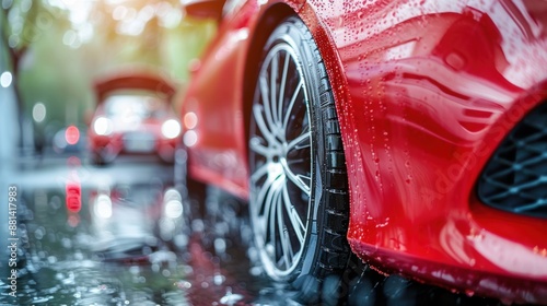 Close-up of a red car's tire and wet reflection on the road during rain, emphasizing sleek design and weather conditions.