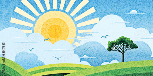 View of summer landscape, green meadows and hills, picturesque sky and sun, vector illustration	