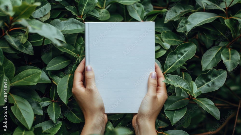 A pair of hands holding a blank white book, surrounded by lush green leaves, symbolizing nature and reading. A pair of hands holding a blank white book, surrounded by lush green leaves, symbolizing nature and reading.