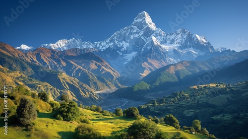 Majestic Machapuchare: Snow-Covered Fish-Tail Peak in the Himalayas at Sunset