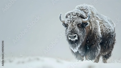 Musk Ox in a winter coat, trekking through snow.