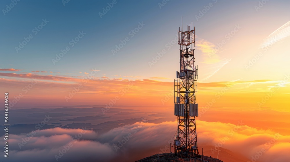 A 5G cell tower standing tall on a mist-covered mountaintop with clouds gently drifting below and a serene sky above A 5G cell tower standing tall on a mist-covered mountaintop with clouds gently drifting below and a serene sky above