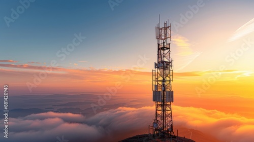Wallpaper Mural A 5G cell tower standing tall on a mist-covered mountaintop with clouds gently drifting below and a serene sky above Torontodigital.ca