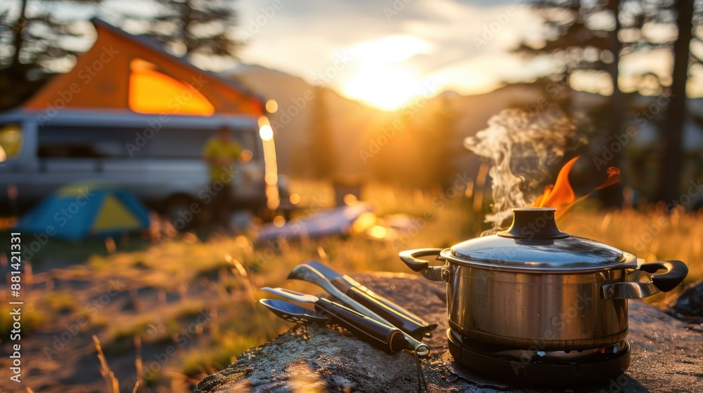 outdoor camping cooking, focus on the cooking utensils, sunny day, there is a tent in the background and a camper van