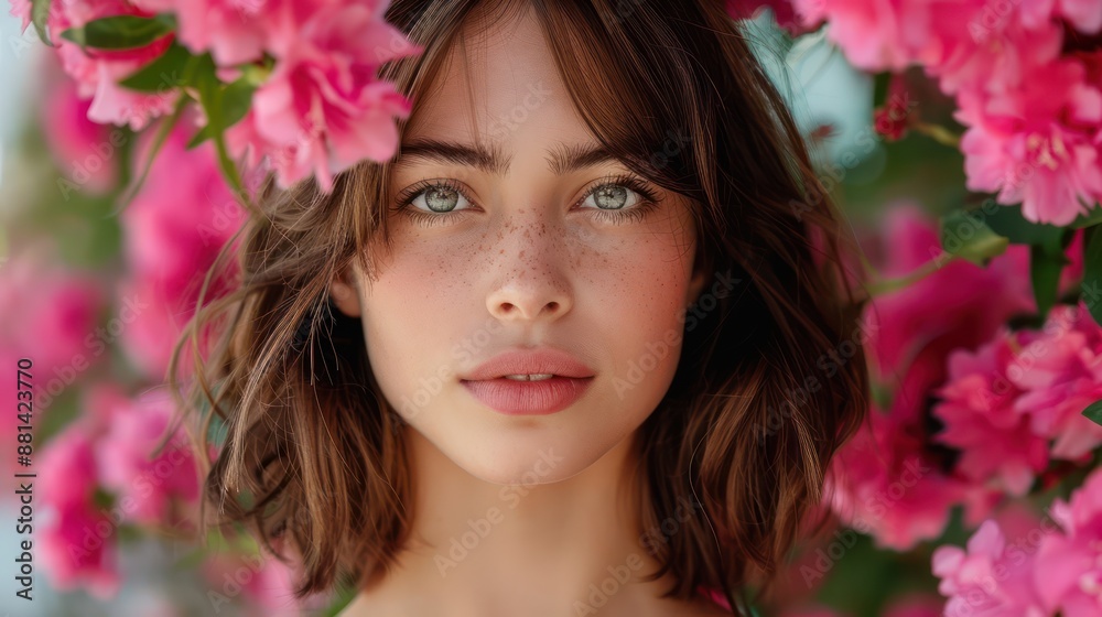 Radiant Beauty Portrait A Stunning Woman with Vibrant Skin and Fresh Allure, Captured in a Floral Setting, Exuding Natural Charm and Grace
