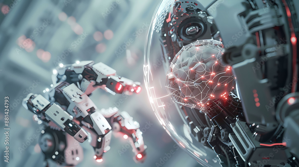 Fototapeta premium 3D Rendering of hardware concept. Glowing brain robot circuit on microchip on computer control technology.