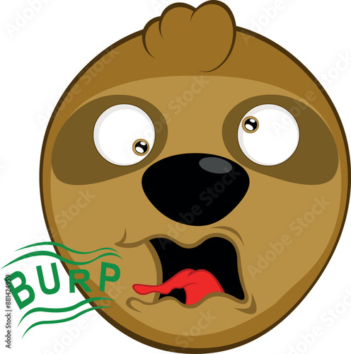 vector illustration face bear sloth character animal cartoon, mouth burping with the text burp