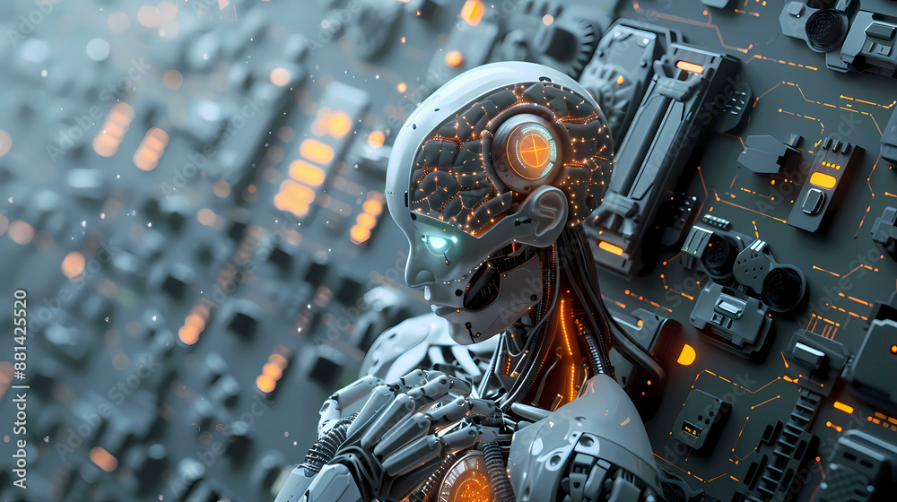 Fototapeta premium Robot using digital technology connection. 3D rendering on big data network connection background, Science and artificial intelligence technology.