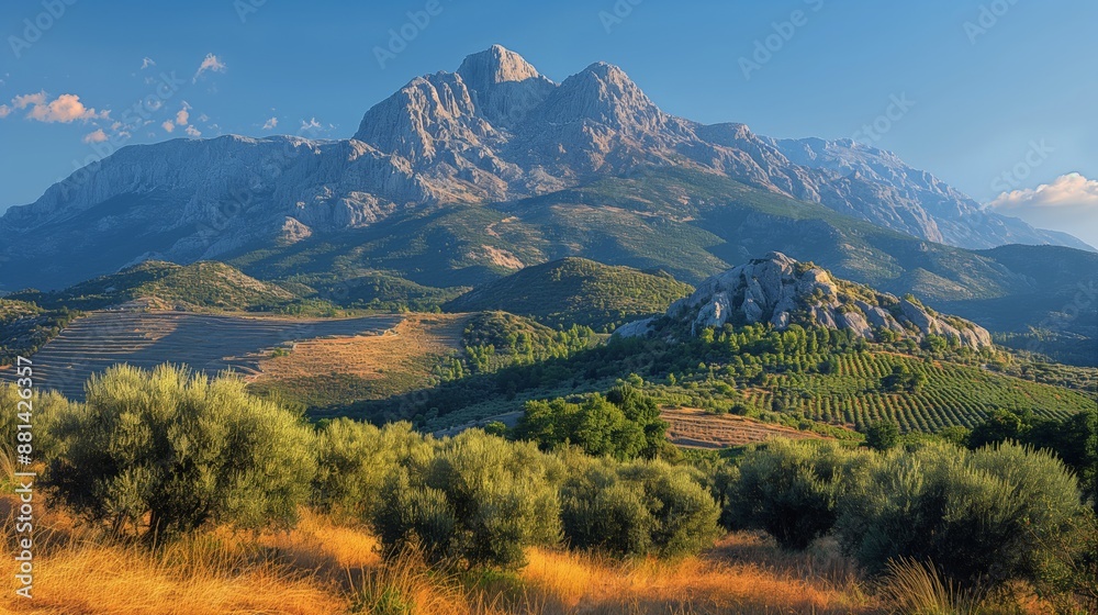 Naklejka premium Majestic Mount Olympus: Panoramic View of Ancient Greek Mountain in Clear Blue Sky with Rolling Hills and Vineyards