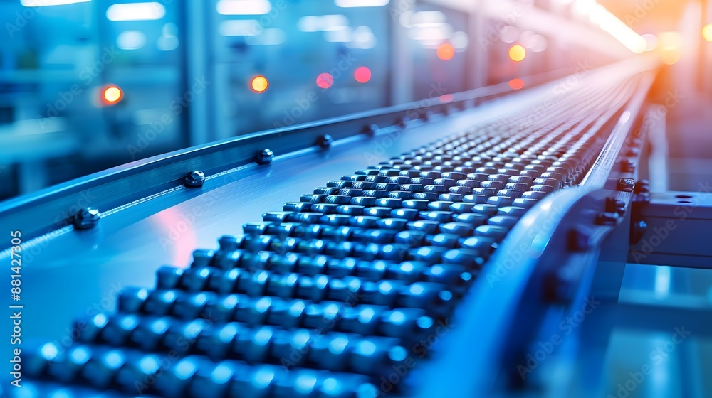 Fototapeta premium Efficiency in Motion: Close-up of a Clean Conveyor Belt Transporting Products