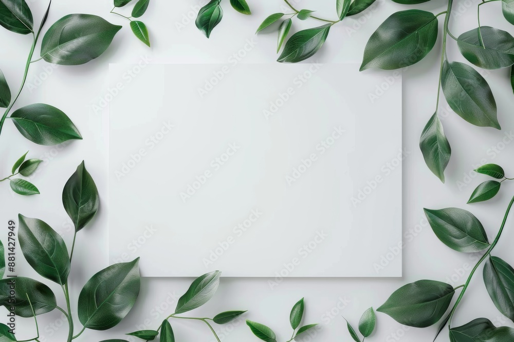 White frame surrounded by fresh green leaves on white. White frame surrounded by fresh green leaves on white.