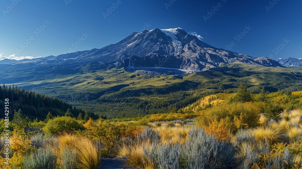 Majestic Panoramic View of Mount St. Helens Volcano in USA Surrounded by Pristine Forests and Meadows under Clear Blue Sky Majestic Panoramic View of Mount St. Helens Volcano in USA Surrounded by Pristine Forests and Meadows under Clear Blue Sky
