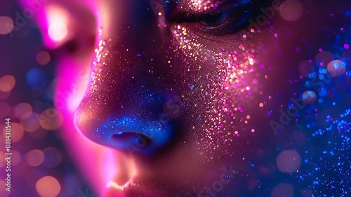 Close-up of a Face with Glitter and Neon Lights