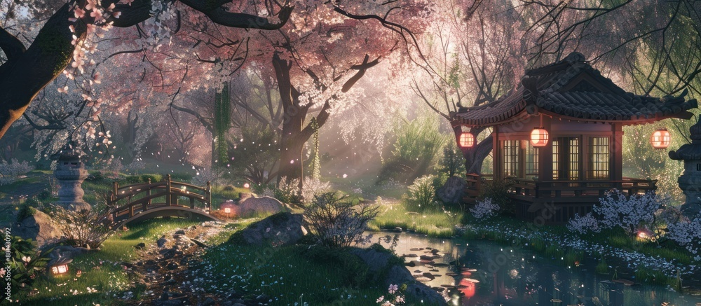 Tranquil Japanese Garden with Blooming Cherry Trees Tranquil Japanese Garden with Blooming Cherry Trees